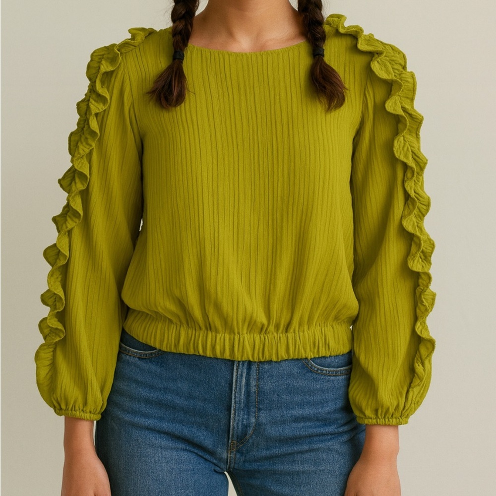 Chartreuse Textured Ruffle Shoulder Blouse | Ribbed Style Top| Size Large